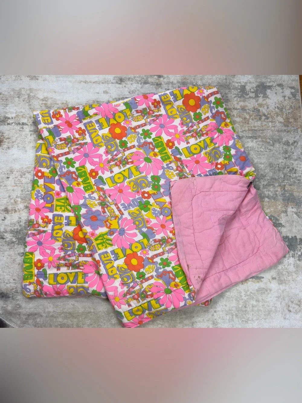 Vintage Groovy Floral Sleeping Bag Flower Power LOVE Pink Retro 60s